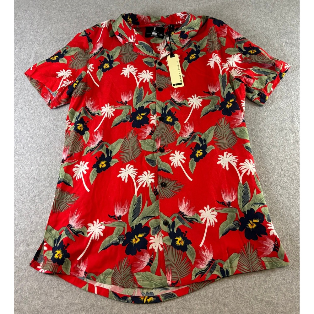 Buffalo David Bitton Medium Red Hawaiian Tropical Button Down Shirt Short Sleeve